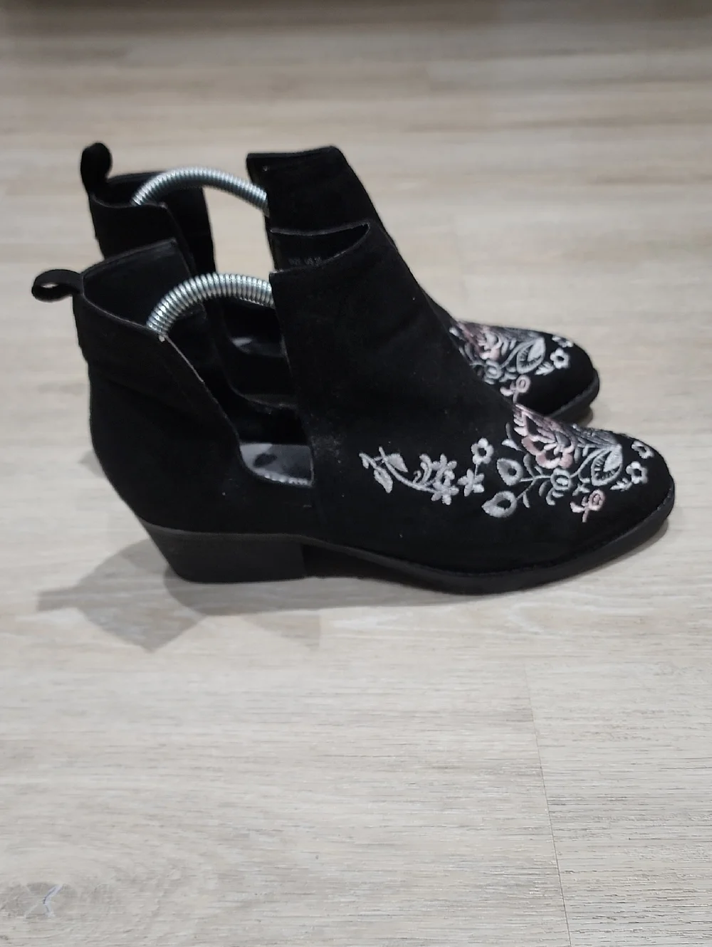 Olivia Miller Black Suede Ankle Booties with Pink & Silver Floral Embroidery 10